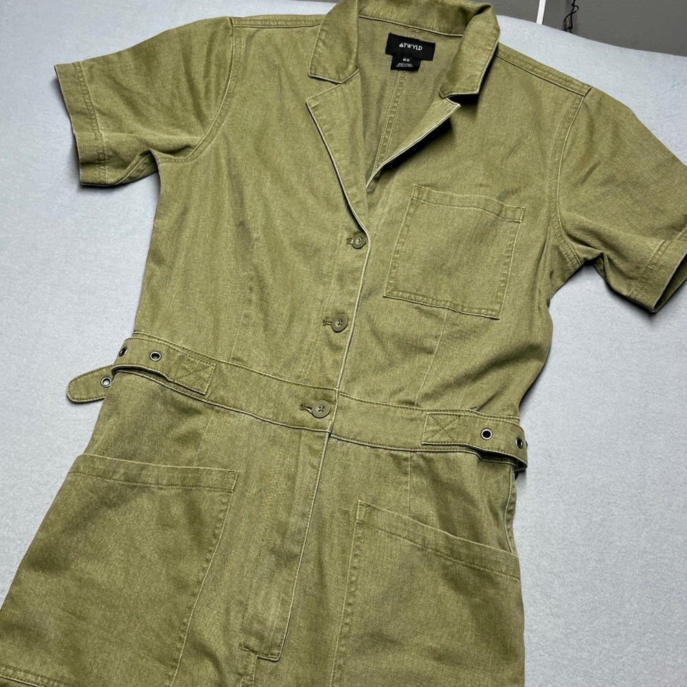 New ATWYLD‎ Olive Green Utility Jumpsuit Short Sleeve Belted Cargo Pockets Med
